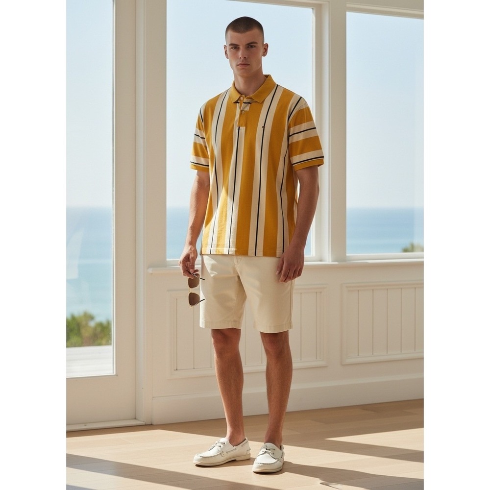 Tommy Hilfiger Mens XL Yellow White Striped Cotton Pique Polo Shirt Short Sleeve